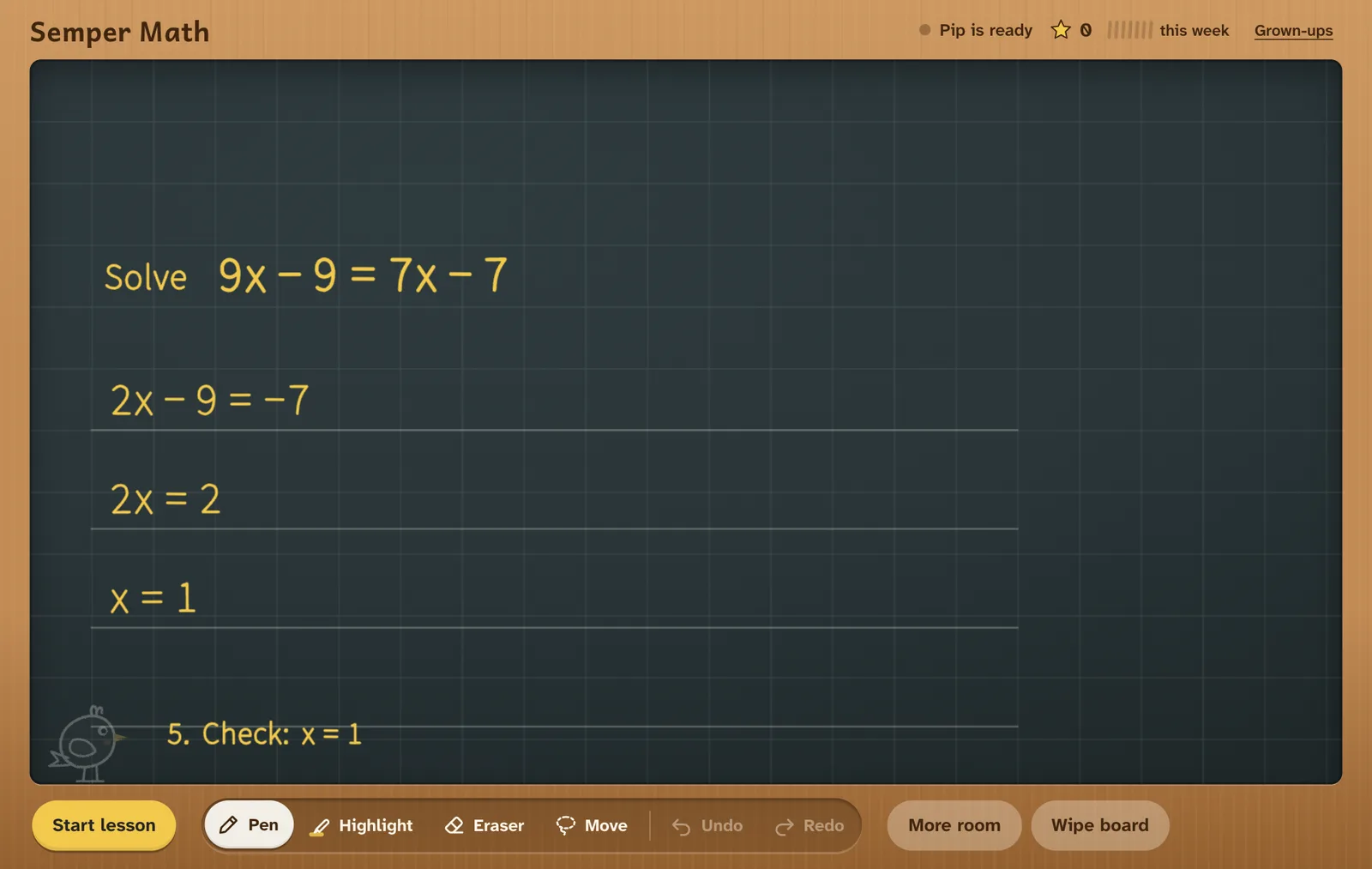 The Semper Math app: Pip has solved a multi-step equation on the board, one line at a time, with each step named beside it.